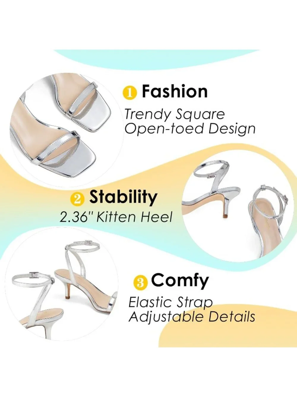 Women's SIlver Kitten Low Heel Square Open Toe Ankle Strap Sandals Strappy Heels